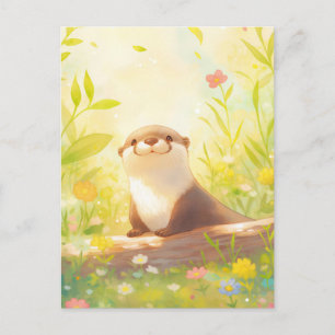 Fröhlicher Otter auf sonniger Frühlingswiese Postkarte