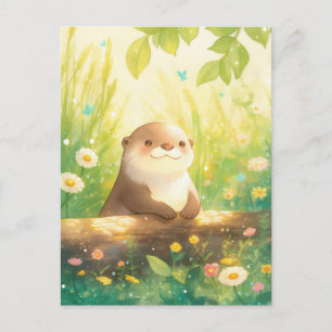 Fröhlicher Otter auf sonniger Frühlingswiese Postkarte