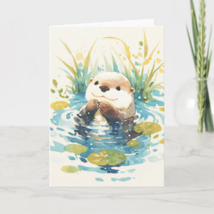 Fröhlicher Otter zwischen Seerosenblättern Karte