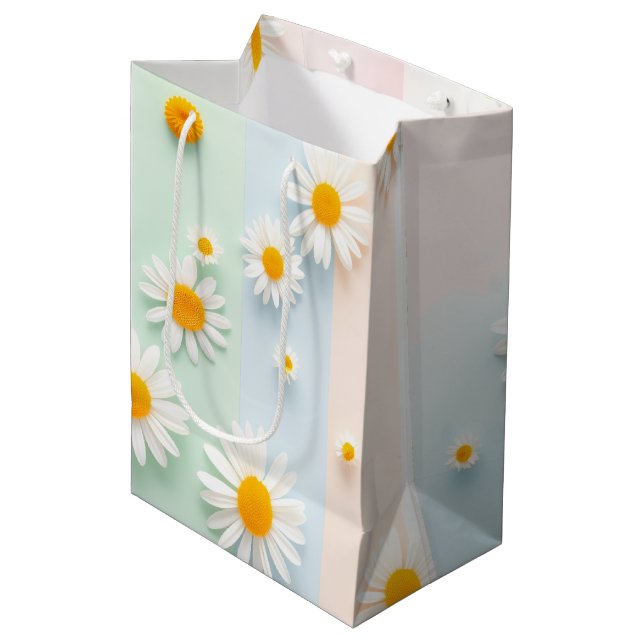 Fröhlicher Pastellstreifen Weiße Margerite Frühlin Mittlere Geschenktüte (Vorderseite Schrägansicht)