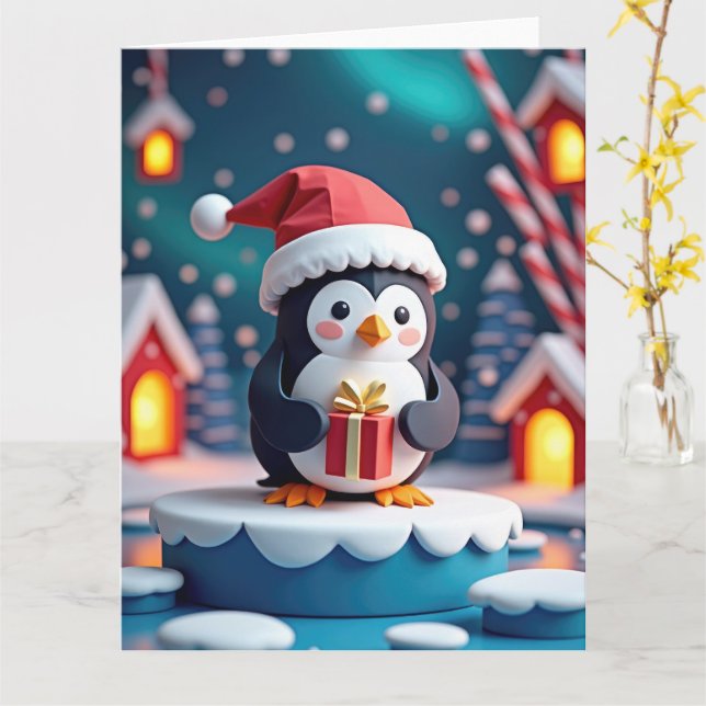 Fröhlicher Pinguin mit Geschenk in Schneeweihnacht Karte (Gelbe Blume)