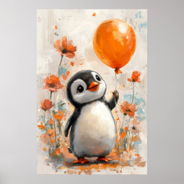 Fröhlicher Pinguin mit Orange Balloon Digital Pain Poster
