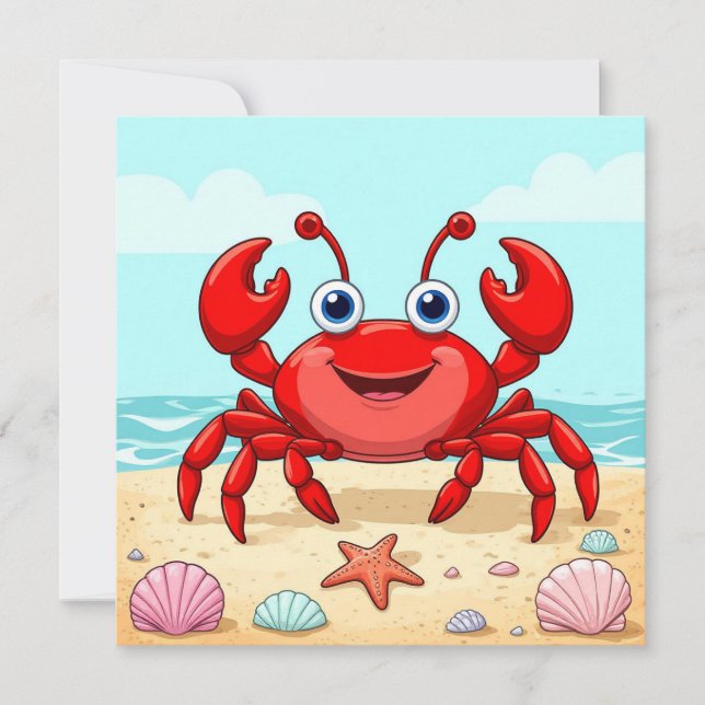 Fröhlicher Red Cartoon Crab am Strand mit Seashell (Vorderseite)