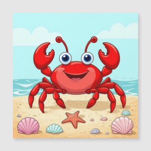 Fröhlicher Red Cartoon Crab am Strand mit Seashell Magnetkarte