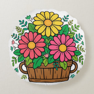 Fröhlicher Retro-Blumen-Holzpflanzkübel  Rundes Kissen