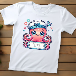 Fröhlicher rosa Oktopus mit Namensschild Kleinkind T-shirt