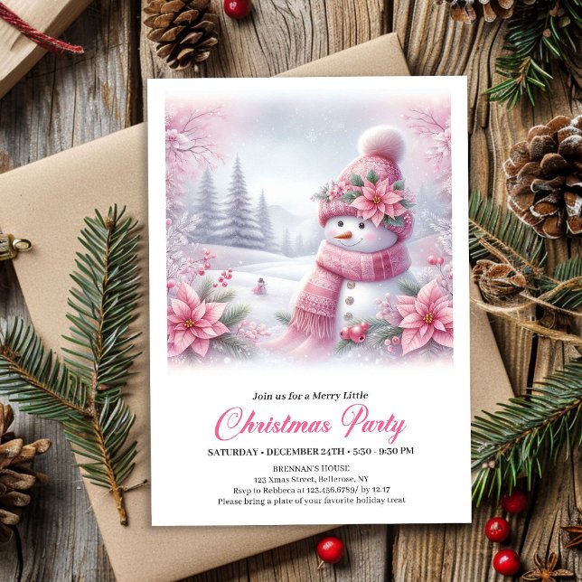 Fröhlicher Rosa Schneemann Editierbare Weihnachts- Einladung (Merry Pink Snowman Editable Christmas Kids Invite Digital)