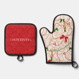 Fröhlicher roter Vintage-Nussknacker Weihnachten Ofenhandschuh & Topflappen-Set