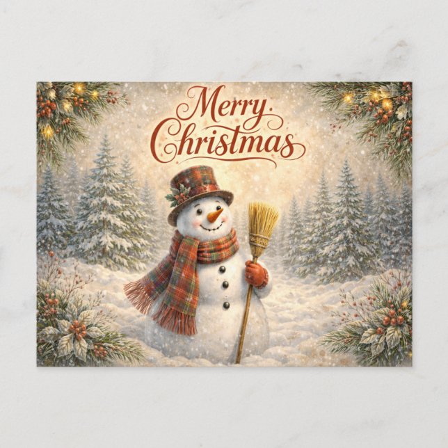 Fröhlicher rustikaler Schneemann Frohe Weihnachten (Vorderseite)