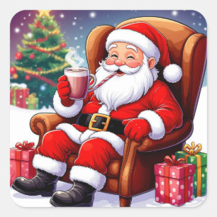 Fröhlicher Santa, der sich mit heißer Schokolade z Quadratischer Aufkleber