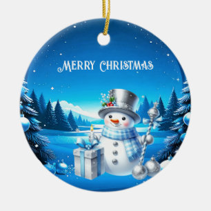 Fröhlicher Schneemann in einem schneebedeckten Wal Keramik Ornament