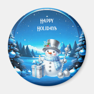 Fröhlicher Schneemann in einem schneebedeckten Wal Magnet