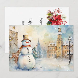 Fröhlicher Schneemann in einem Snowy Village Feiertagskarte