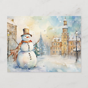 Fröhlicher Schneemann in einem Snowy Village Postkarte