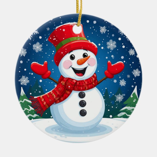 Fröhlicher Schneemann in Red Scarf und Hat Keramik Ornament (Vorne)