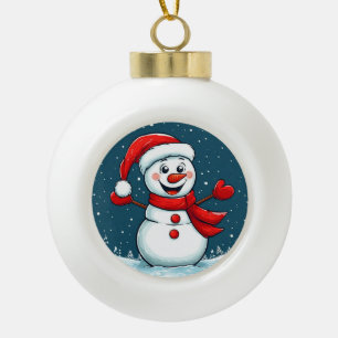 Fröhlicher Schneemann in Santa-Hut mit Schal Keramik Kugel-Ornament