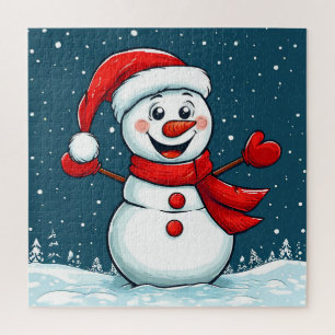 Fröhlicher Schneemann in Santa-Hut mit Schal Puzzle