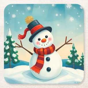 Fröhlicher Schneemann in winterlicher Landschaft Rechteckiger Pappuntersetzer