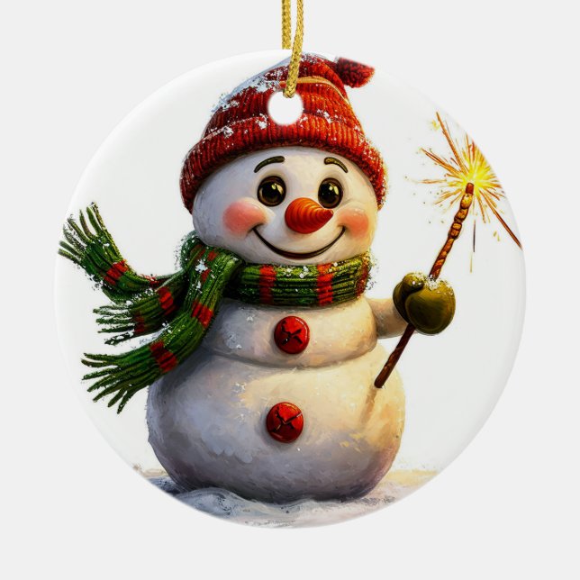 fröhlicher Schneemann Keramik Ornament (Vorne)