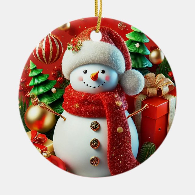 fröhlicher Schneemann Keramik Ornament (Vorne)