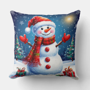 Fröhlicher Schneemann mit Santa-Hut Kissen