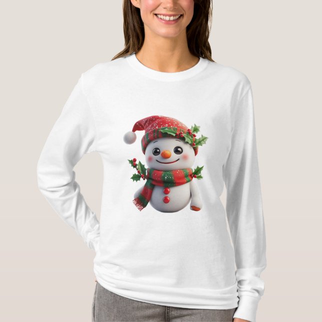 Fröhlicher Schneemann mit Santa-Hut T-Shirt (Vorderseite)