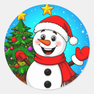 Fröhlicher Schneemann mit Weihnachtsmannmütze und Runder Aufkleber