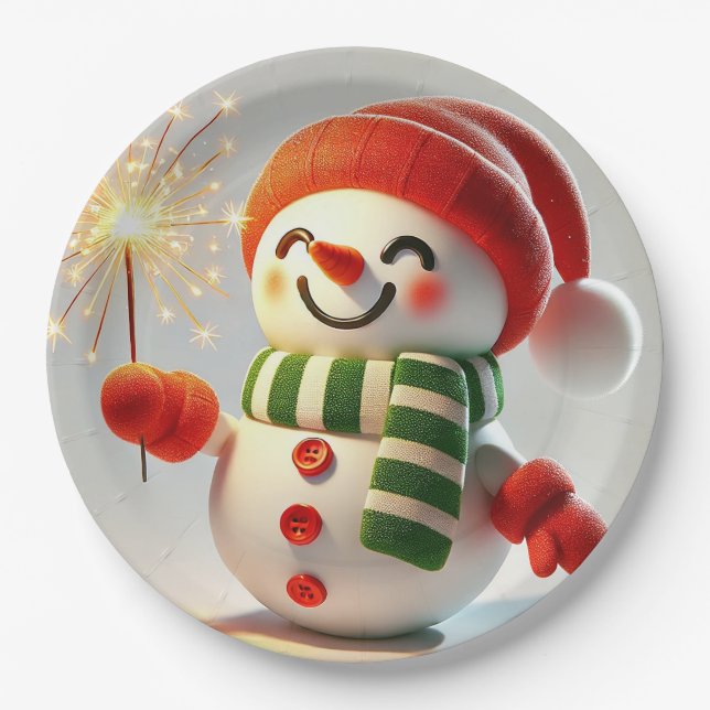 fröhlicher Schneemann Pappteller (Vorderseite)