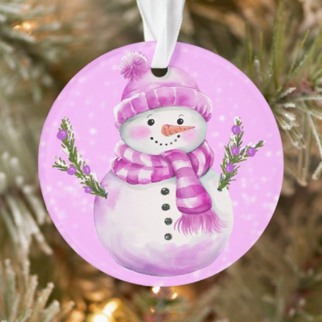 Fröhlicher Schneemann Rosa Personalisiert Ornament (Personalize on the back!)