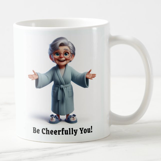 Fröhlicher Senior Citizen in gemütlicher Atmosphär Kaffeetasse (Von Creator hochgeladen)