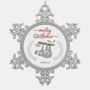 Fröhlicher Slothmas niedlicher personalisierter Schneeflocken Zinn-Ornament