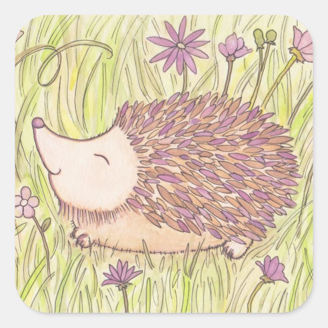 Fröhlicher Springtime-Igel Quadratischer Aufkleber (Vorderseite)