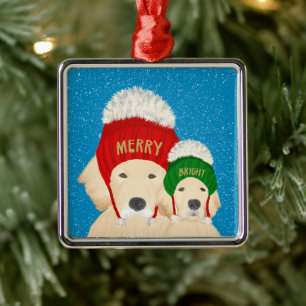 Fröhlicher, strahlender, goldener Hunde-Weihnachts Ornament Aus Metall