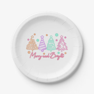 Fröhlicher und heller Baum Neon Weihnachten Pappteller