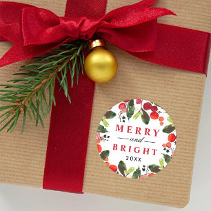 Fröhlicher und heller roter Weihnachtsgrün-Kranz Runder Aufkleber