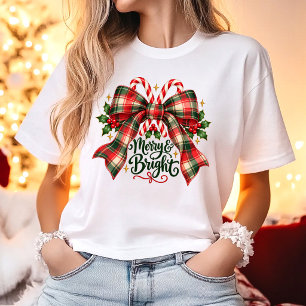 Fröhlicher und heller Tartan-Schleifen-Weihnachten T-Shirt