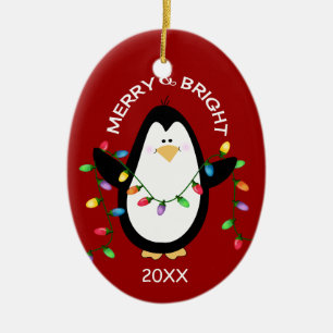 Fröhlicher und heller WeihnachtsPinguin im Rot Keramikornament