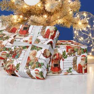 Fröhlicher Vintage-Weihnachtsmann, Stechpalme und Geschenkpapier