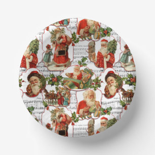 Fröhlicher Vintage-Weihnachtsmann, Stechpalme und Pappteller