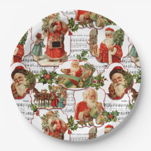 Fröhlicher Vintage-Weihnachtsmann, Stechpalme und  Pappteller