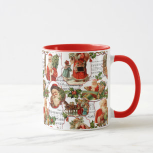 Fröhlicher Vintage-Weihnachtsmann, Stechpalme und Tasse