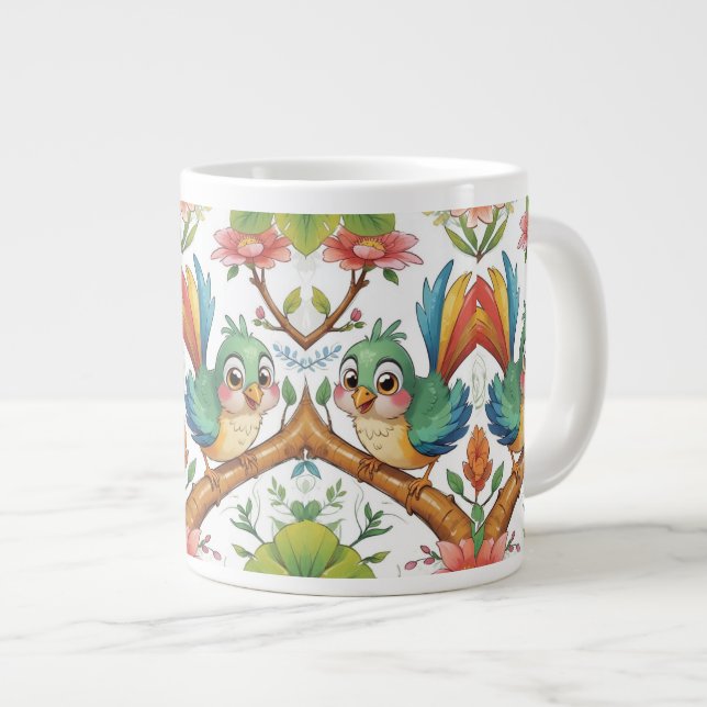 Fröhlicher Vogel unter den Blüten Jumbo-Tasse (Vorderseite Rechts)