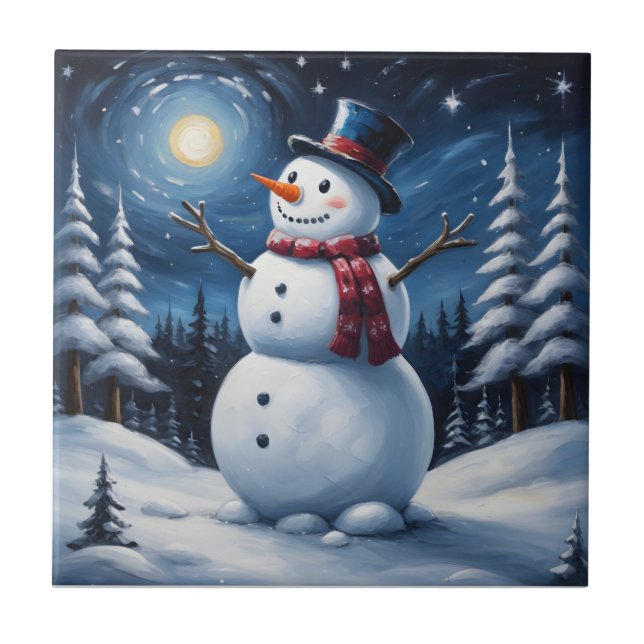Fröhlicher Weihnachts-Schneemann Fliese (Vorderseite)