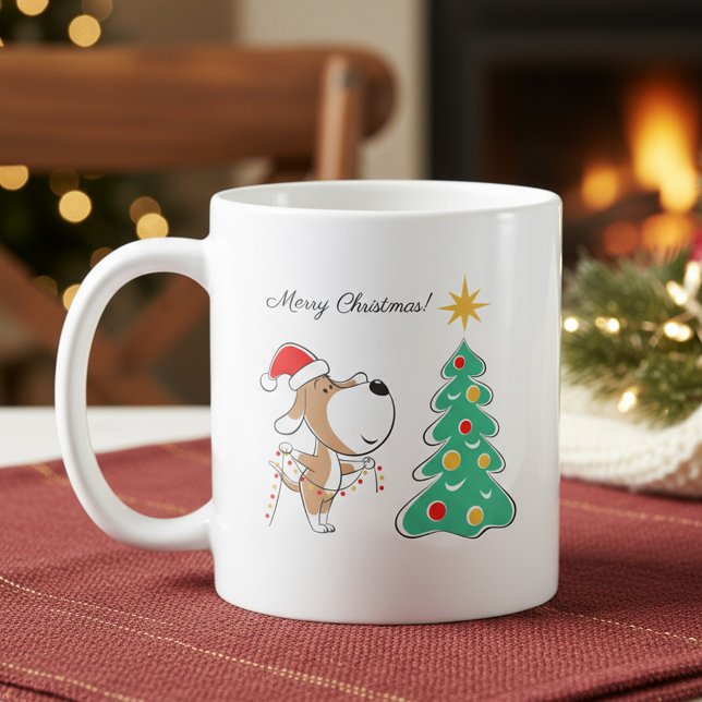 Fröhlicher Weihnachtsbaum Süßer Hund in Santa Hut Kaffeetasse (Von Creator hochgeladen)
