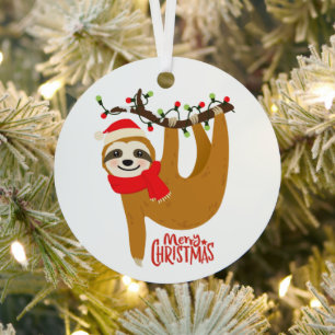 Fröhlicher Weihnachtsfaultier Santa Hut Baumzweig Ornament Aus Metall