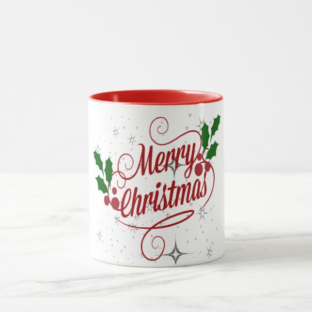 Fröhlicher Weihnachtsfunkel und leuchtender roter  Tasse (Zentrum)