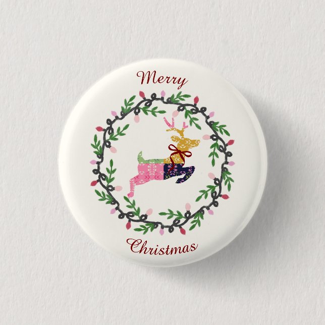 Fröhlicher Weihnachtshirsch mit Kranz anpassen Button (Vorderseite)