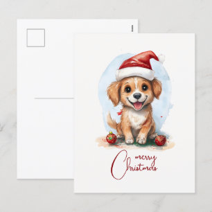Fröhlicher Weihnachtshund mit Santa-Hut und Orname Feiertagspostkarte