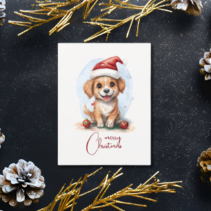 Fröhlicher Weihnachtshund mit Santa-Hut und Orname Postkarte