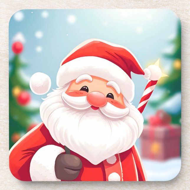Fröhlicher Weihnachtsmann hält eine Candy Cane Getränkeuntersetzer (Vorderseite)